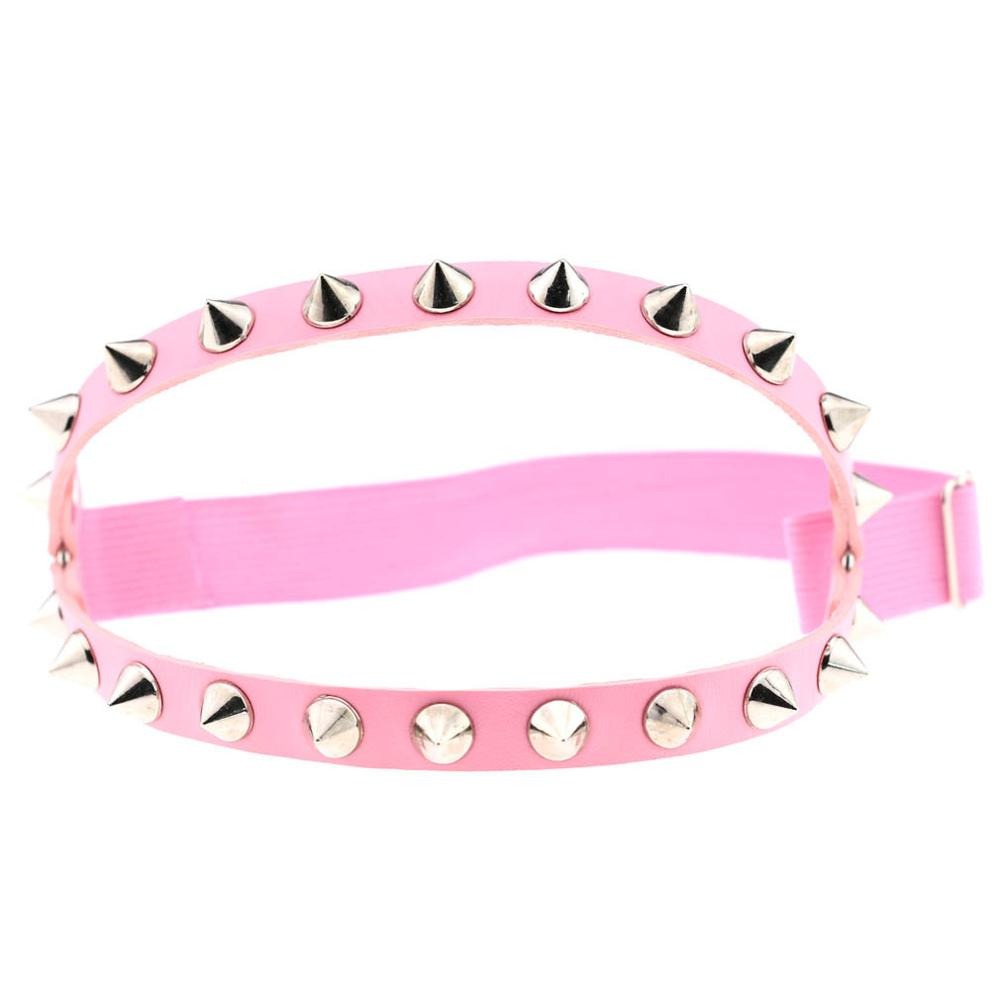 Gothic pink elastic garter belt with spikes for cosplay, adjustable knee stocking accessory.