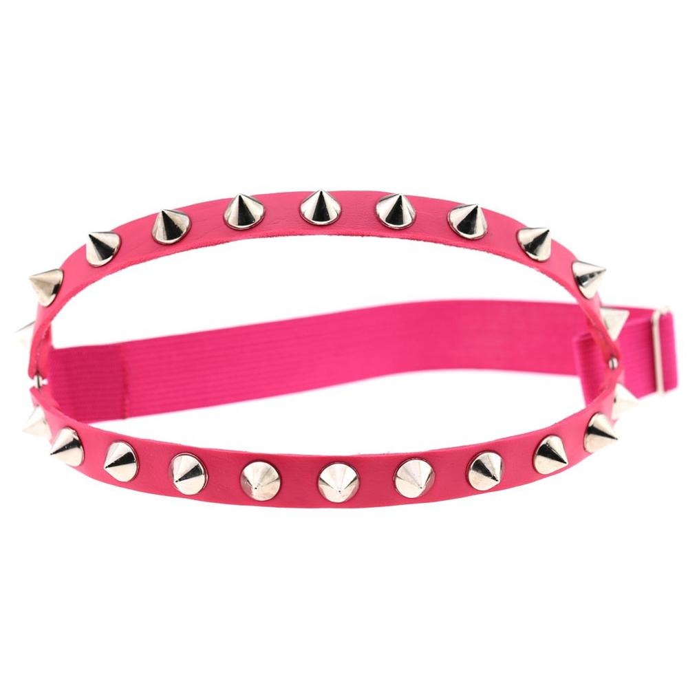 Gothic elastic garter belt in vibrant pink with silver spikes, perfect for cosplay and stylish accessory.