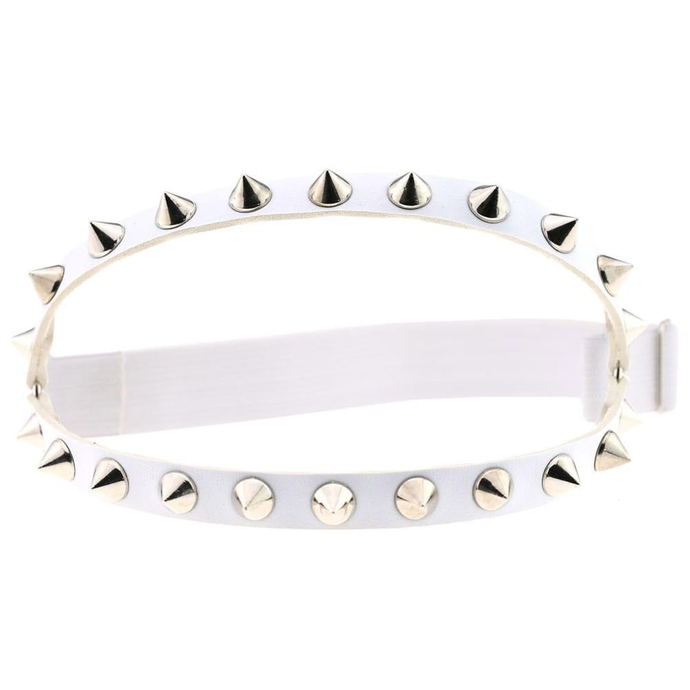 Gothic elastic garter belt with silver spikes, perfect for cosplay or edgy fashion. Available in various colors.