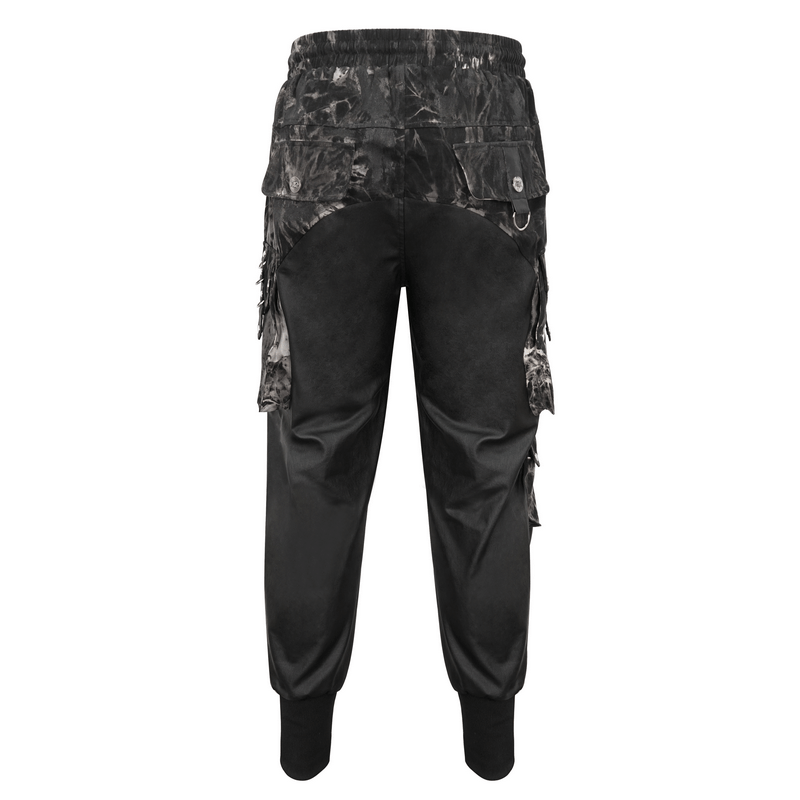 Men's gothic jogger pants with elastic waistband and punk rivets, showcasing a unique splice design and loose fit.