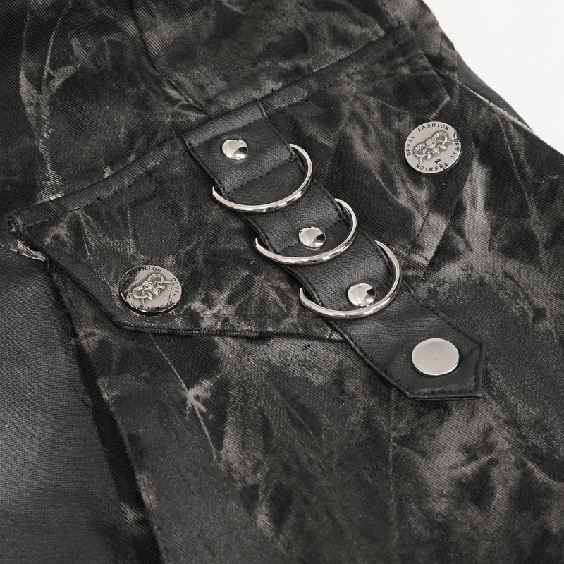 Close-up of gothic elastic waistband with punk rivets on stylish jogger pants for men.