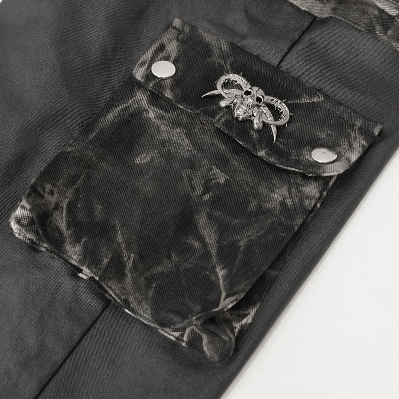 Close-up of gothic jogger pants pocket featuring unique rivet design and dark, textured fabric.