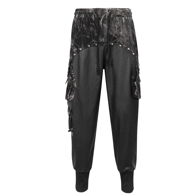 Gothic elastic waistband jogger pants with punk rivets and spliced design, loose fit style for men.