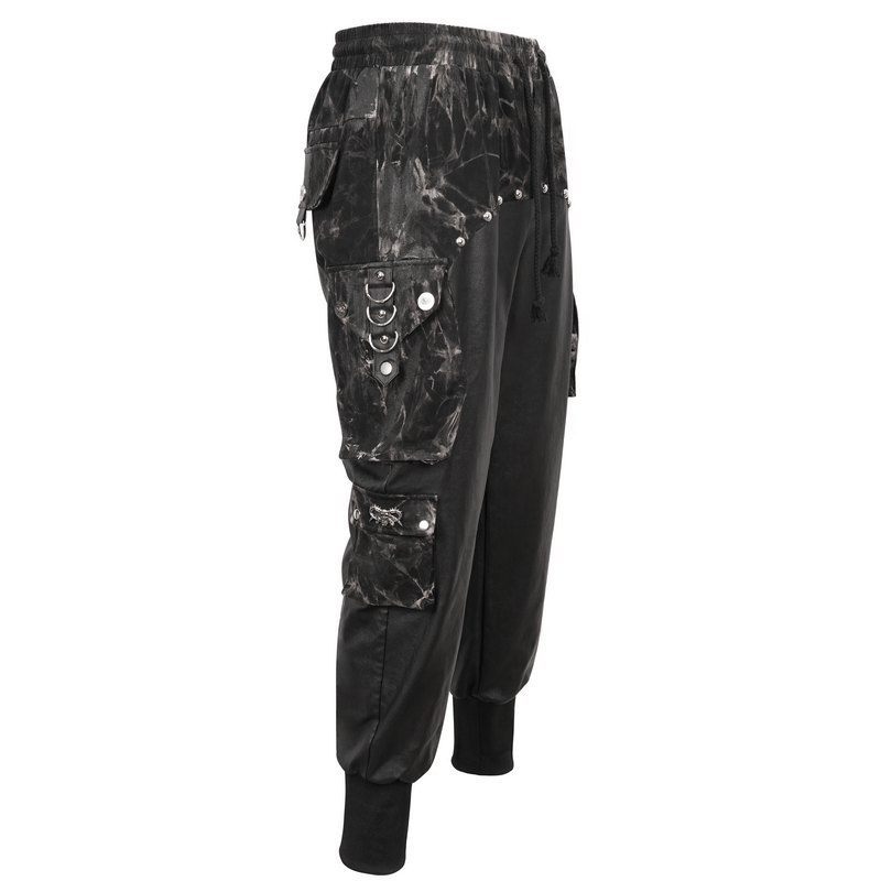Men's gothic jogger pants with elastic waistband and punk rivets in black splice design, perfect for a bold wardrobe upgrade.