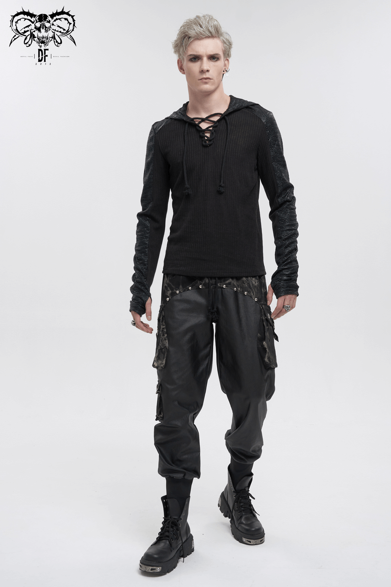 Men's gothic style black hoodie with lace-up detail and punk rivets, paired with loose fit jogger pants.
