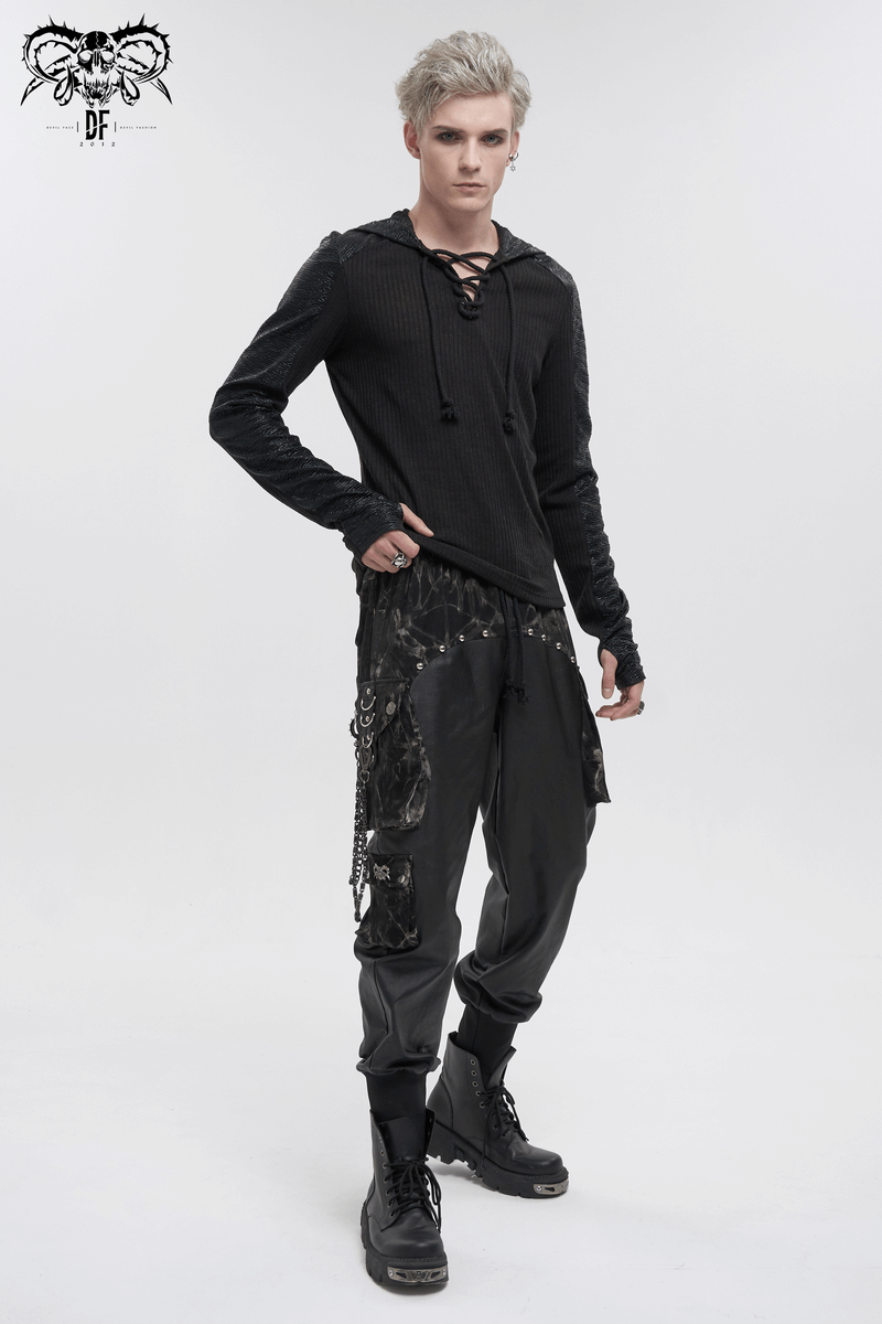Men's gothic outfit featuring a black lace-up top and sleek jogger pants with rivets, perfect for punk style enthusiasts.