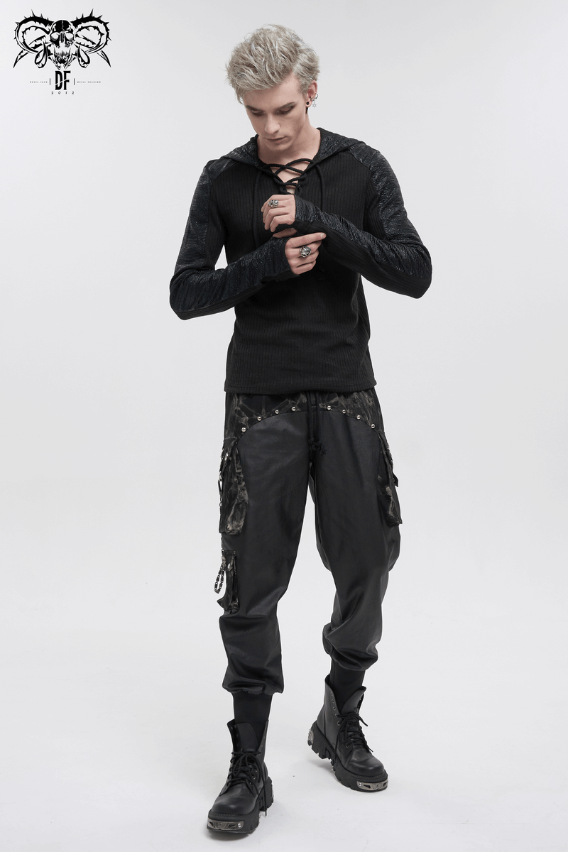 Men's gothic outfit with lace-up black hoodie and punk rivet jogger pants for a bold street style.