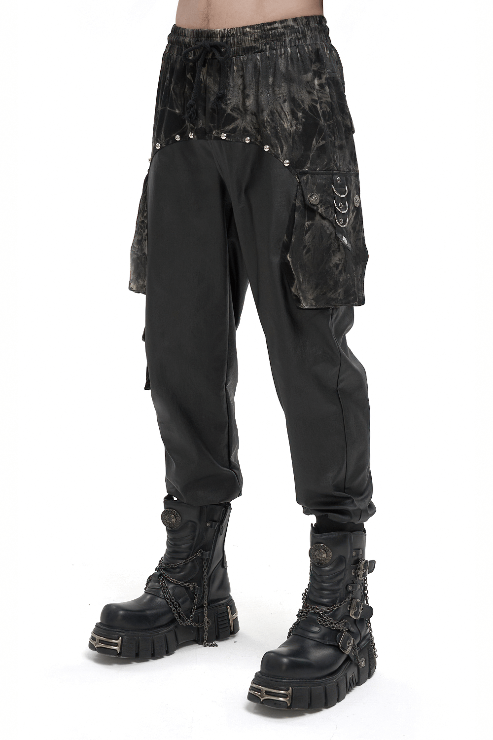 Men's gothic jogger pants with elastic waist, rivets, and stylish design for a punk look.