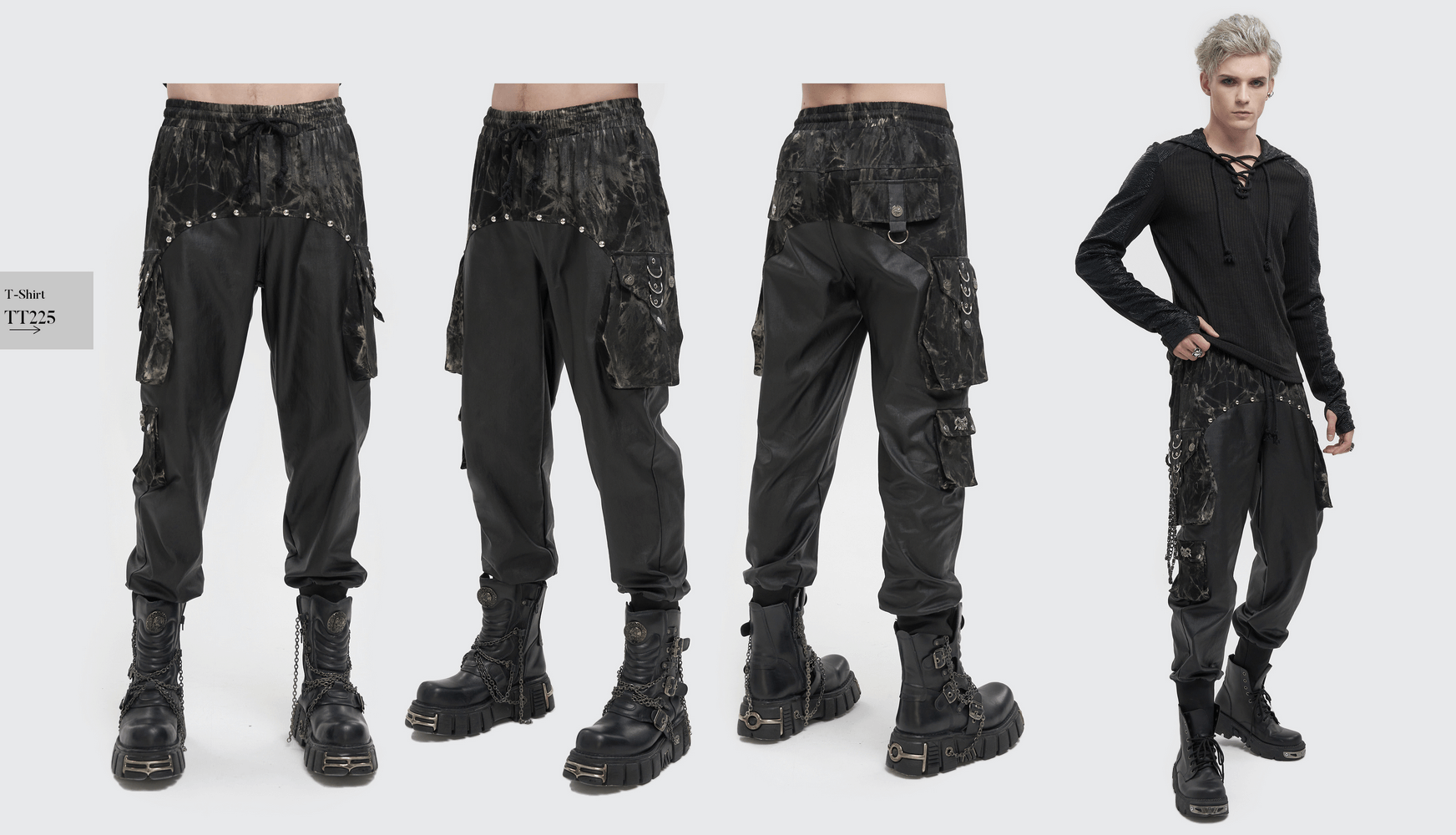 Men's gothic jogger pants with elastic waistband and punk rivets, showcasing unique splice design and a loose fit.