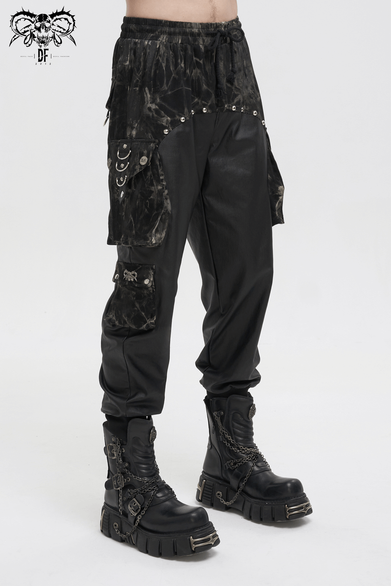 Men's gothic jogger pants with elastic waistband and punk rivets, paired with stylish black boots.