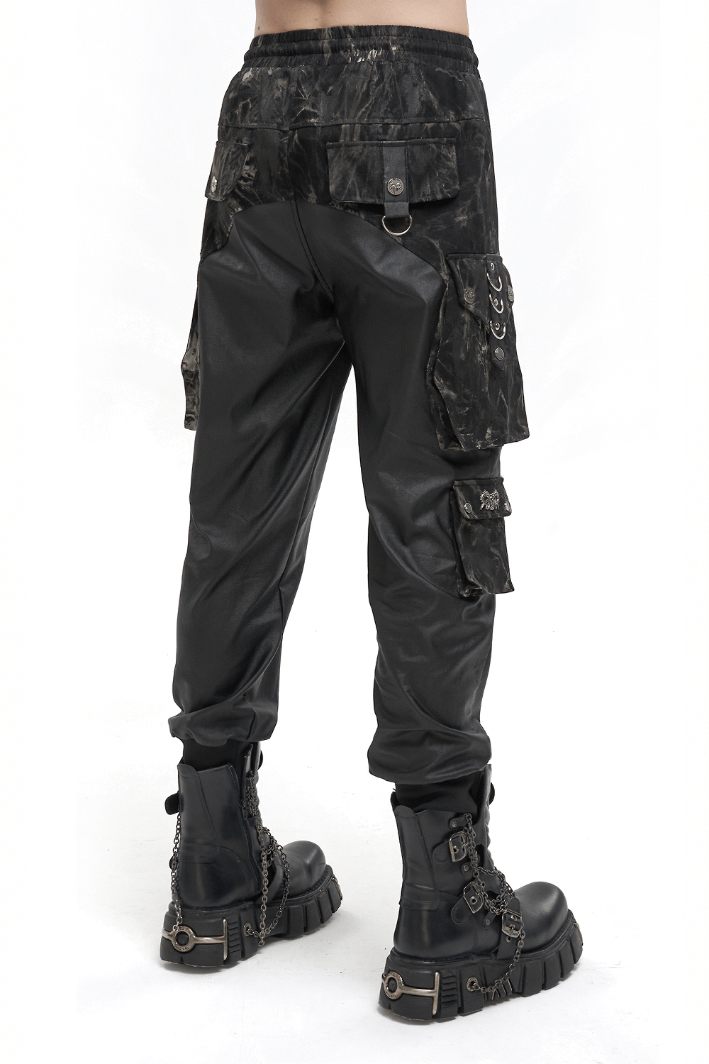 Men's gothic jogger pants with elastic waistband and punk rivets, showcasing a stylish loose fit from the back.