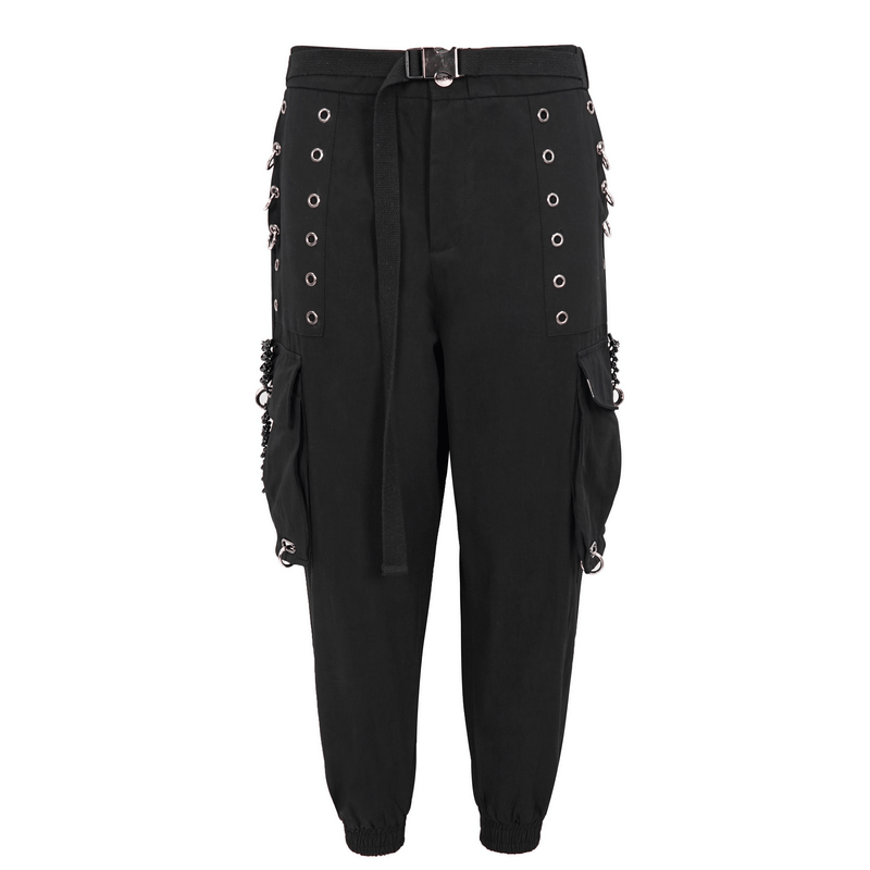 Gothic elastic waistband tapered trousers with rivets and hoop accents for men, stylish punk cargo pants.