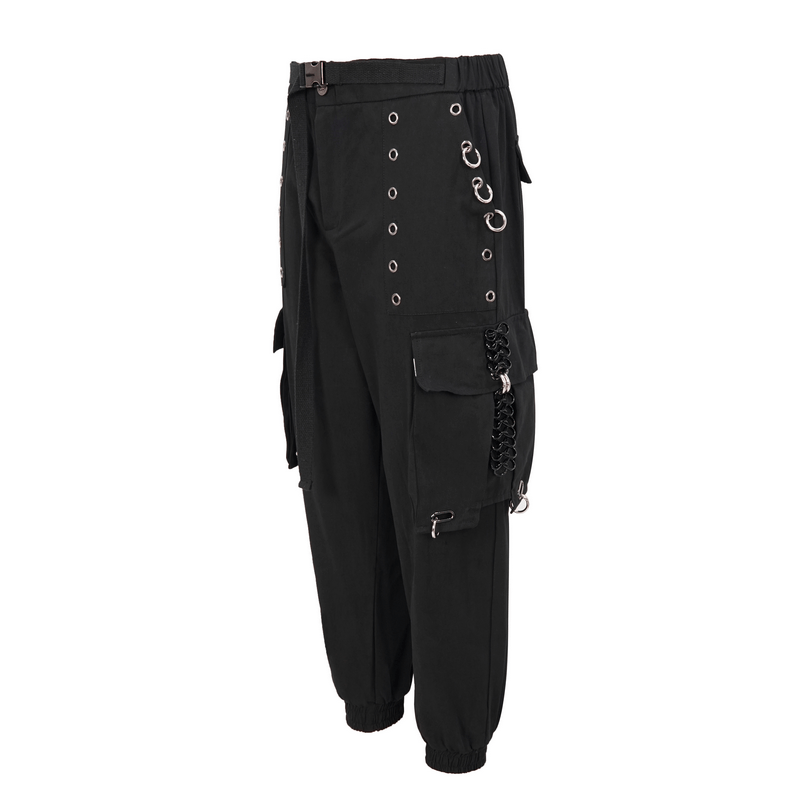 Gothic elastic waistband tapered trousers with rivets and hoop accents for a trendy punk look.