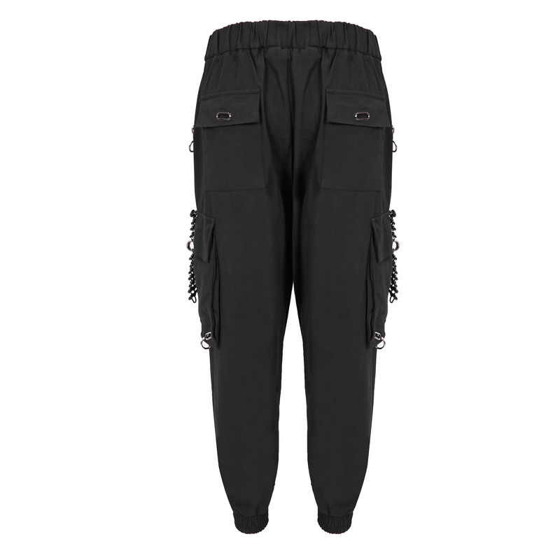 Gothic elastic waistband tapered trousers with rivets and hoop accents for a punk style look.