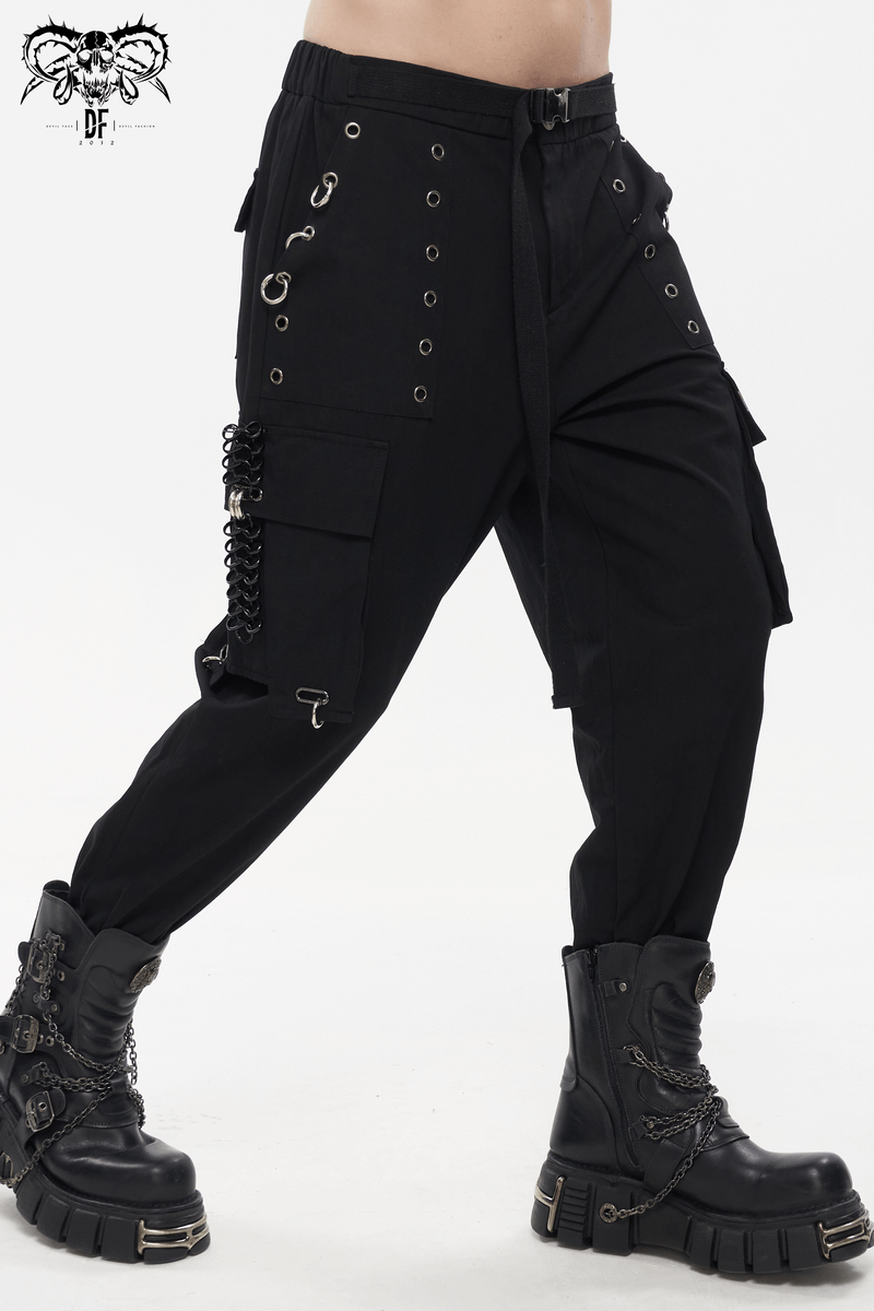 Men's punk cargo pants with rivets, hoop accents, and stylish cut, perfect for a bold look.