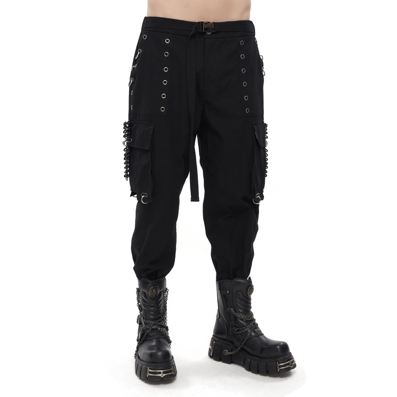 Gothic Elastic Waistband Tapered Trousers / Punk Male Cargo Pants With Rivets and Hoop Accents