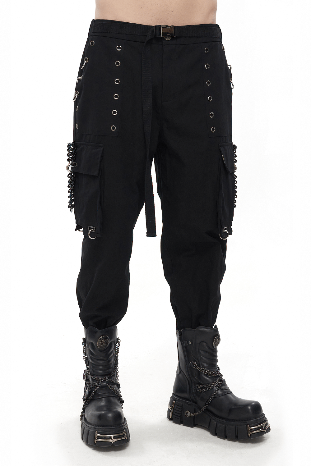 Men's gothic cargo pants with rivets, hoop accents, and a tapered fit, perfect for punk fashion style.