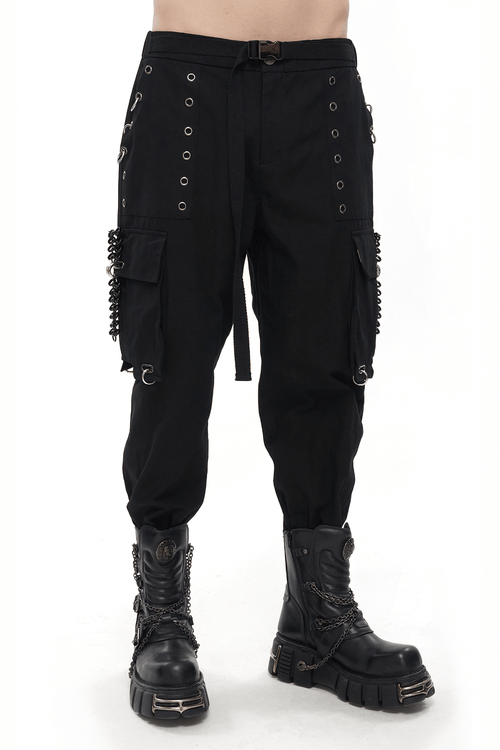Pantalones cónicos con cintura elástica gótica / Pantalones cargo masculinos punk con remaches y detalles de aro