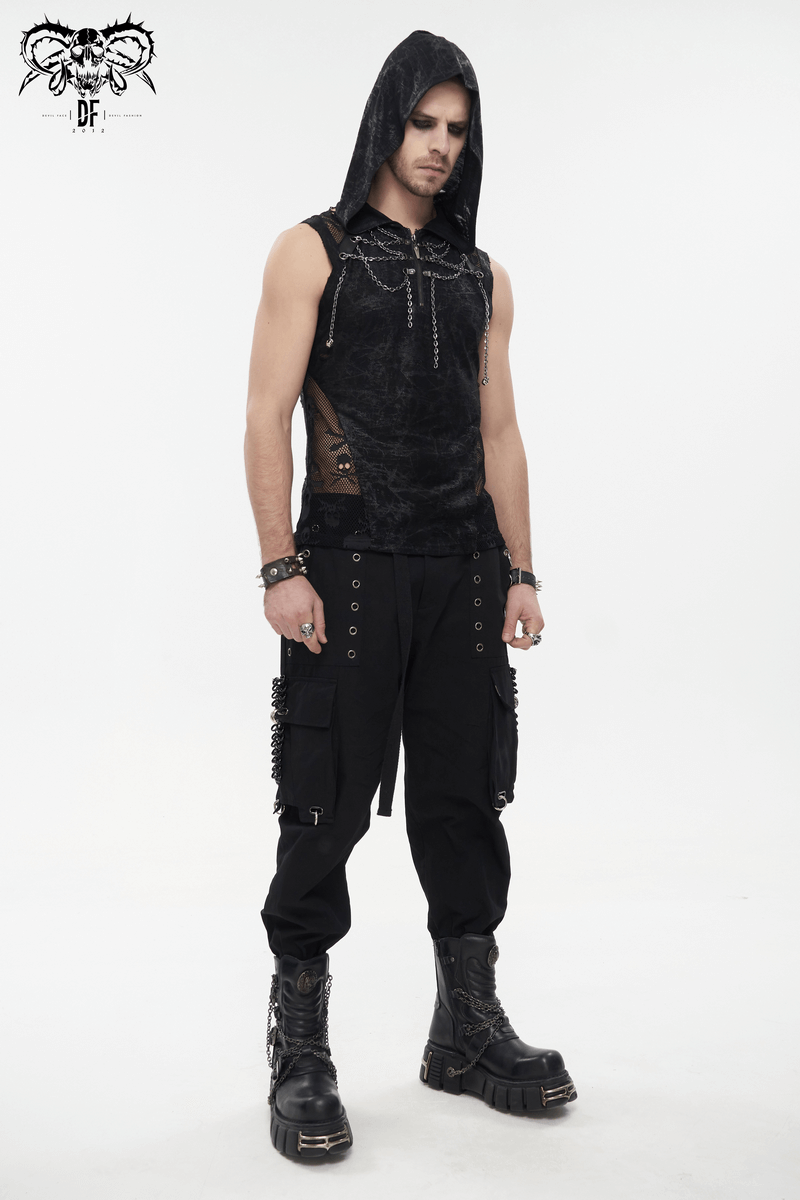 Punk male model wearing gothic hooded tank and tapered cargo pants with rivets and hoop accents.