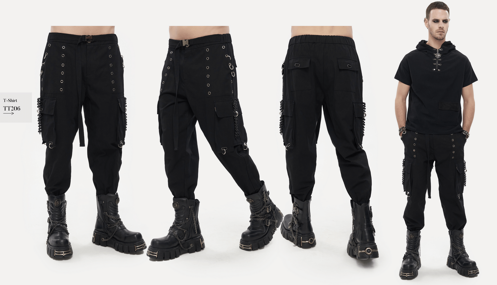 Gothic tapered trousers for men featuring a stretchy waistband, rivets, and hoop accents in a stylish punk design.