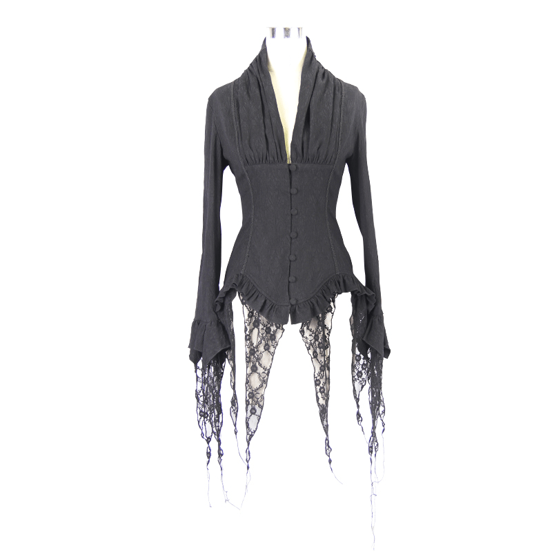 Gothic Elegant Black Deep V Shirt for Women / Vintage Long Sleeve Chiffon Blouses - HARD'N'HEAVY