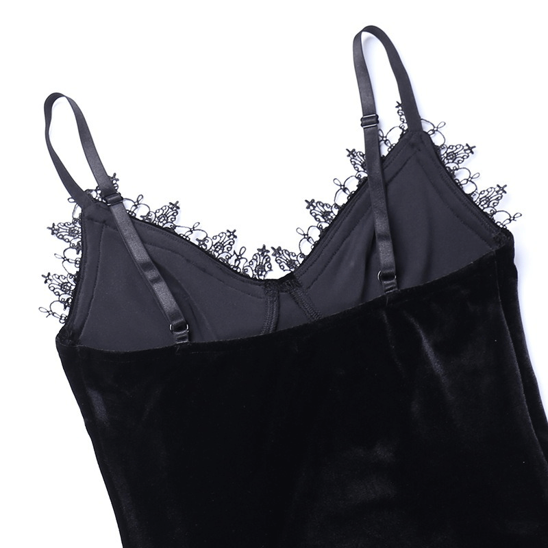 Elegant black velvet dress with lace trim detailing and adjustable straps for a gothic style.