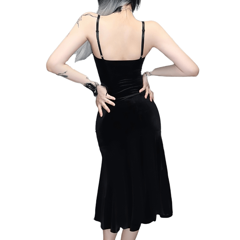Elegant V-neck black velvet midi dress showcasing stylish back design, perfect for a grunge-inspired wardrobe.
