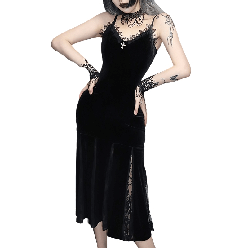 Elegant black velvet V-neck midi dress with lace details, showcasing fashionable gothic style.