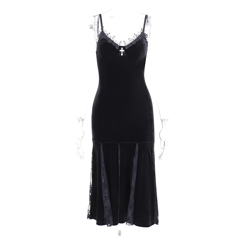 Elegant black V-neck velvet midi dress with lace trim and cross detail, perfect for a gothic grunge style.