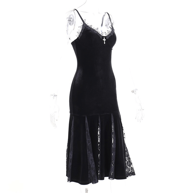 Elegant black V-neck velvet mermaid midi dress with lace details, perfect for a grunge-inspired wardrobe.