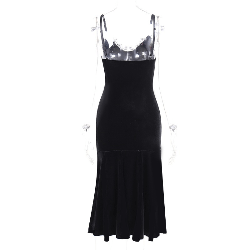 Back view of elegant women's black velvet mermaid midi dress with V-neck detail and flattering cut.