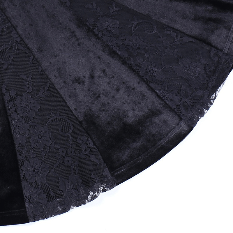 Close-up of black velvet fabric with lace details, showcasing the elegant texture of the Gothic mermaid dress.