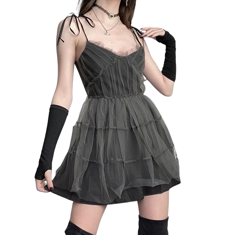 Gothic Elegant Mesh Dress For Women / Vintage Patchwork High Waist Clothing Of Lace Up - HARD'N'HEAVY