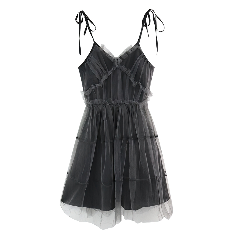 Gothic elegant mesh dress for women, featuring vintage patchwork design and high waist with lace-up details.