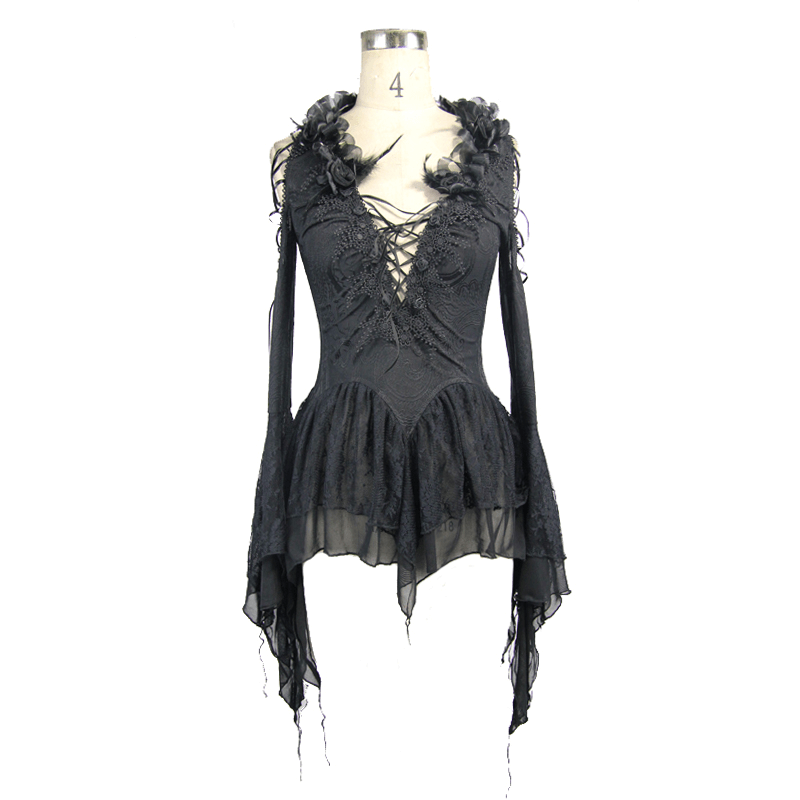 Gothic Embroidered Deep V-Neck Top / Sexy Ruffled Hem Long Top with Flowers - HARD'N'HEAVY