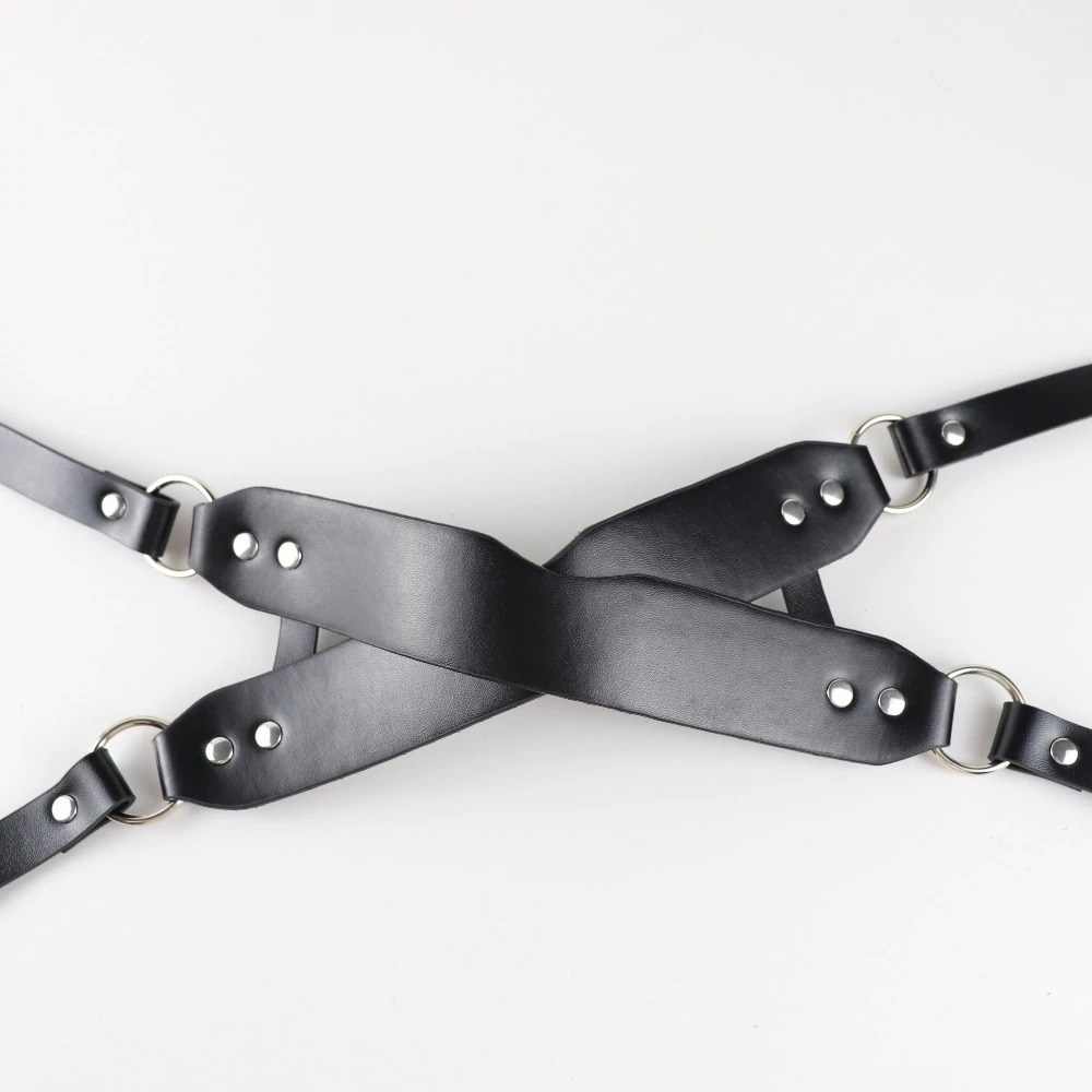 Gothic fashion leather straps with silver rings, perfect for cosplay outfits and sexy styles.