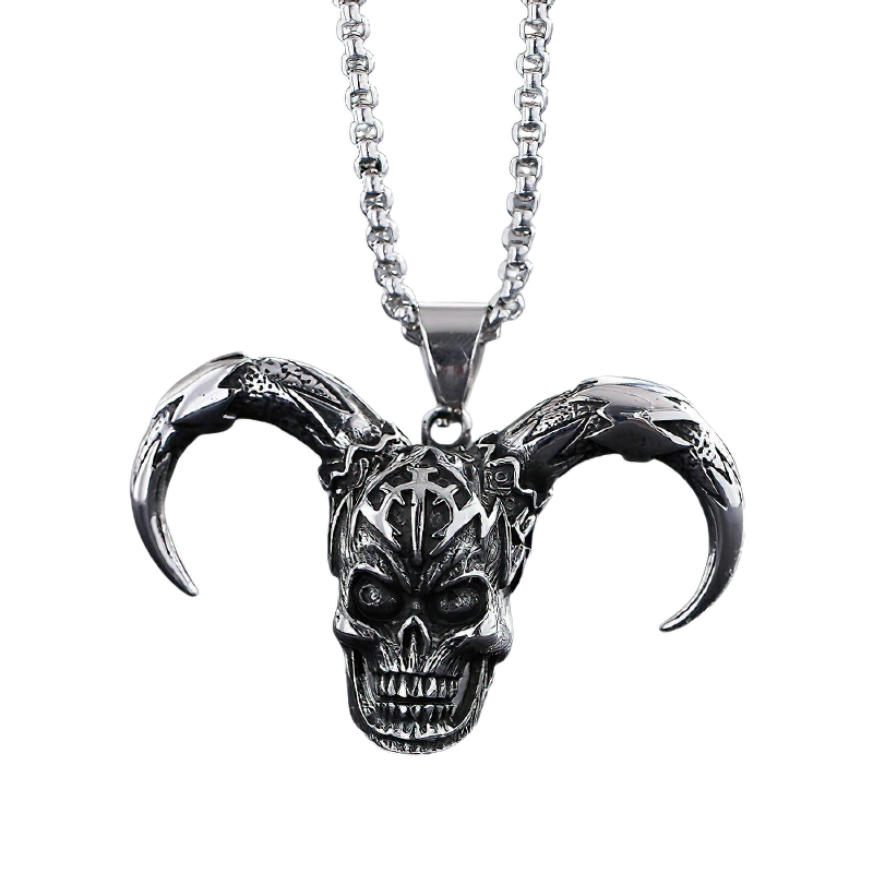 Gothic horned clown skeleton pendant necklace in stainless steel, unisex alternative fashion accessory.