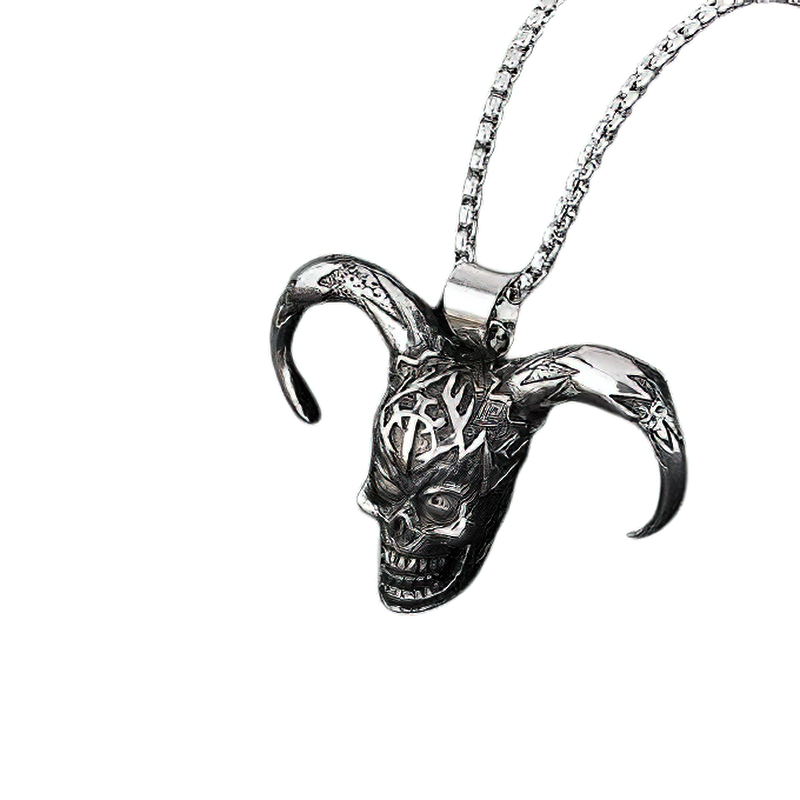 Gothic stainless steel horned clown pendant necklace, unisex rock style jewelry for alternative fashion lovers.