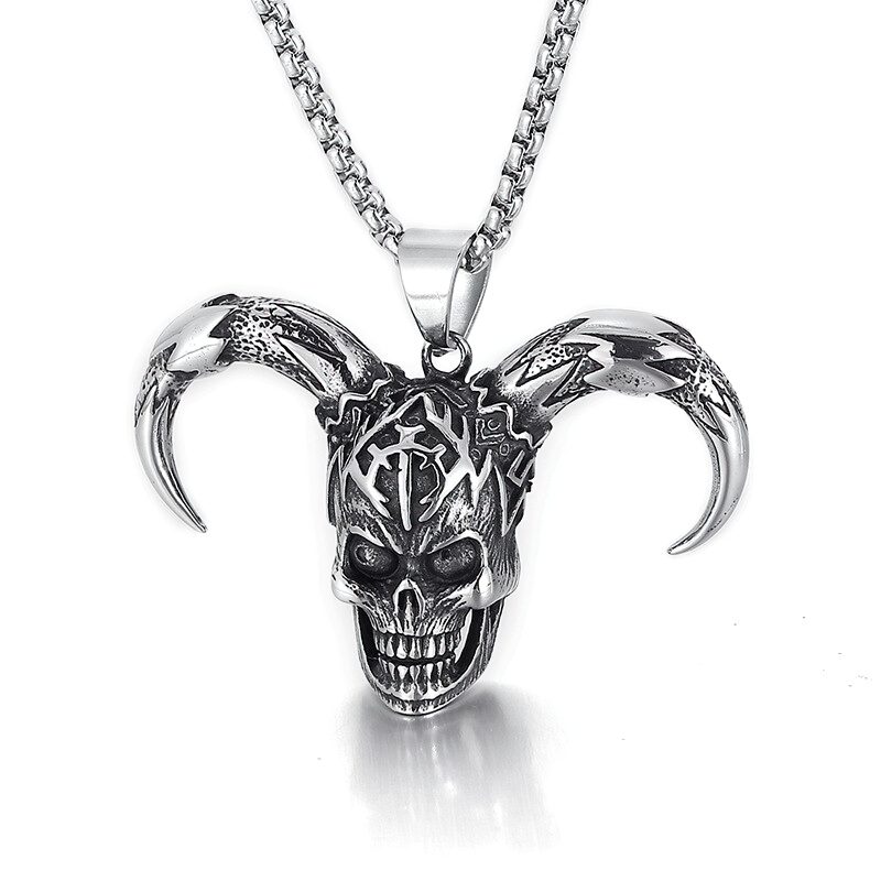 Unisex gothic horned clown skull pendant necklace in stainless steel, showcasing edgy rock style.