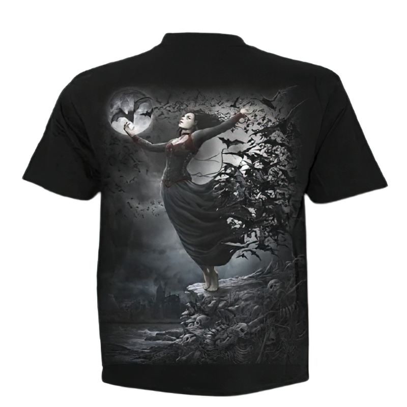 Gothic T-shirt featuring a captivating 3D print of a girl with bats against a moonlit background.