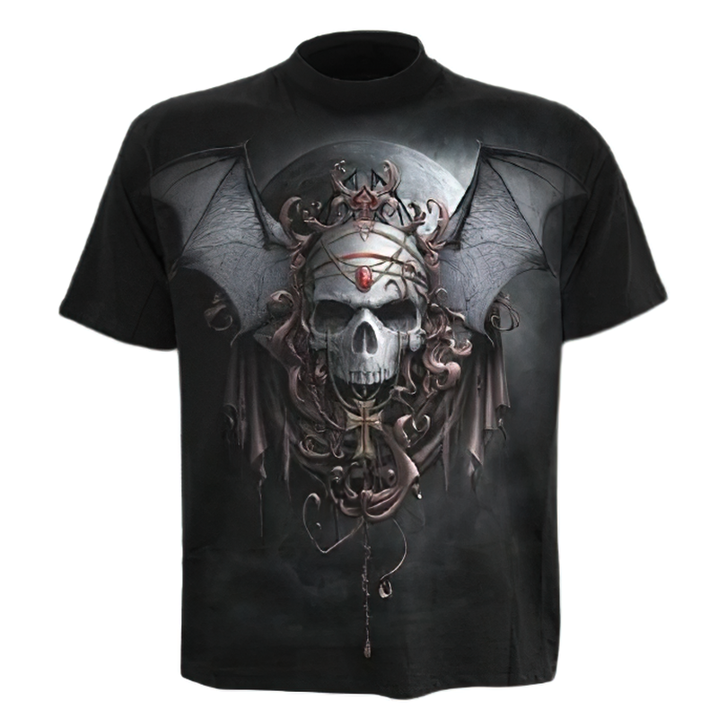 Gothic black t-shirt featuring a striking 3D print of a kazhan skull surrounded by bat wings and ornate details.