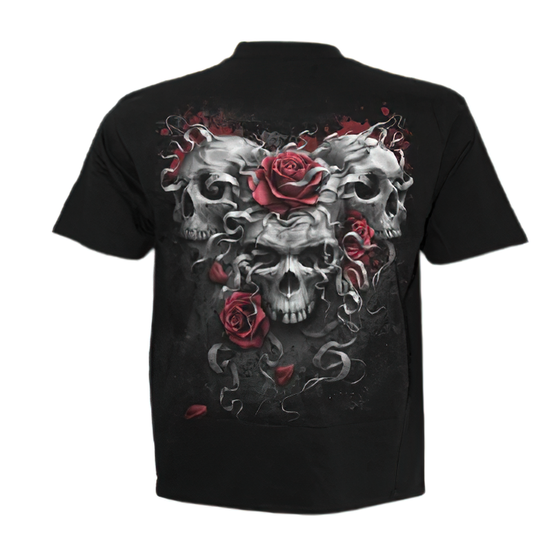 Black gothic fashion t-shirt featuring a striking 3D print of skulls and roses on the back.