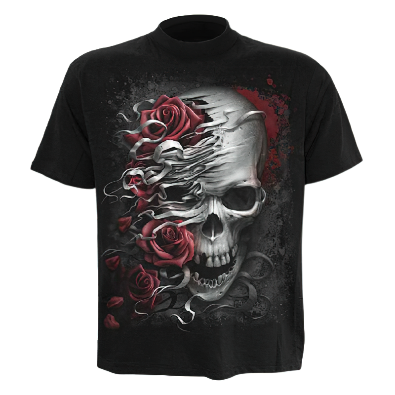 Gothic fashion T-shirt featuring a 3D print of a skull and roses, perfect for stylish unisex outfits.