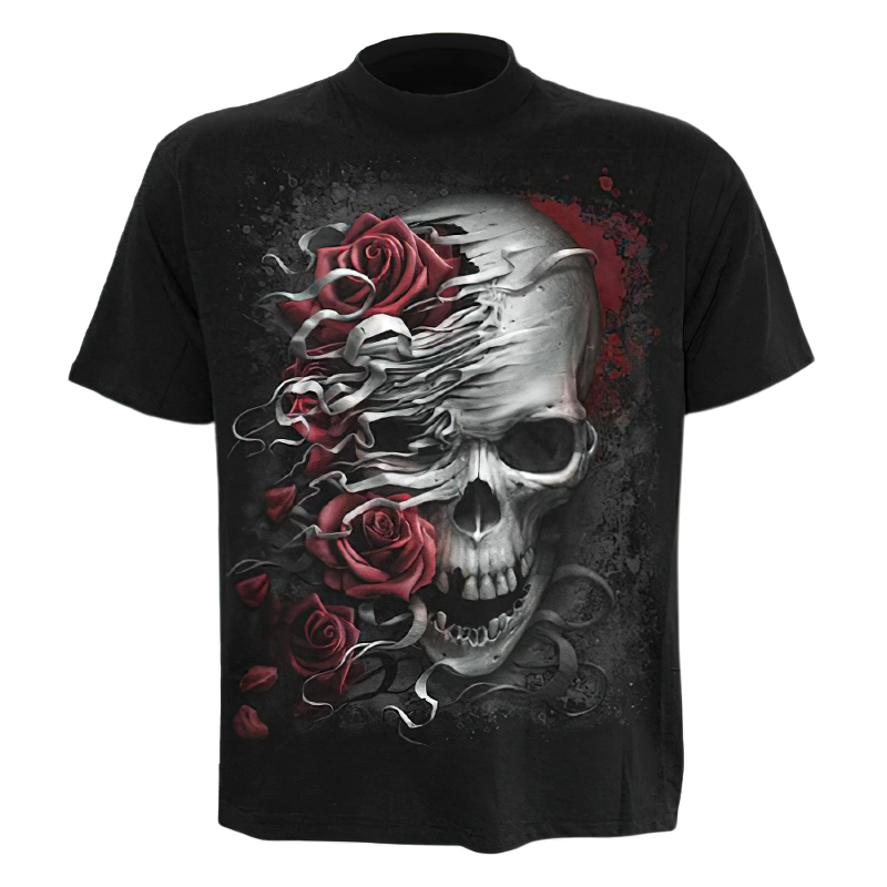 Gothic Fashion T-shirt with 3D Print Skull and Roses / Black T-Shirts Short Sleeve and Round Neck - HARD'N'HEAVY