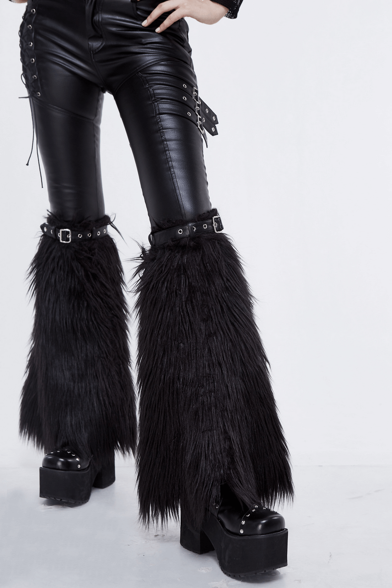 Gothic Faux Fur Adjustable Leg Warmers with Belt Straps / Women's Black Legwarmers with Rivets
