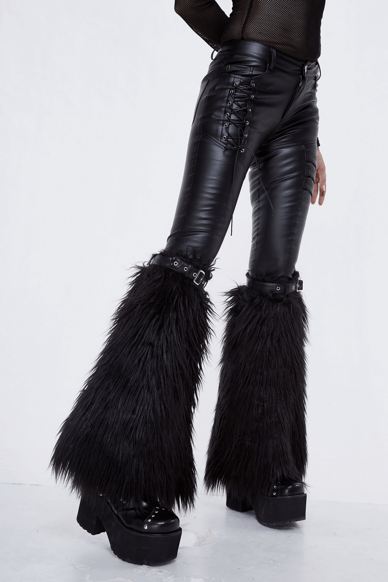 Women's gothic faux fur leg warmers with rivets and adjustable straps, perfect for edgy fashion looks.