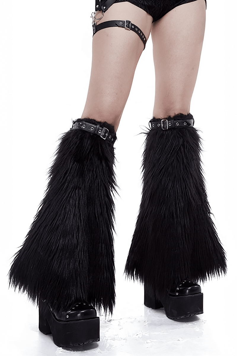 Gothic faux fur leg warmers with adjustable straps, perfect for completing edgy outfits.