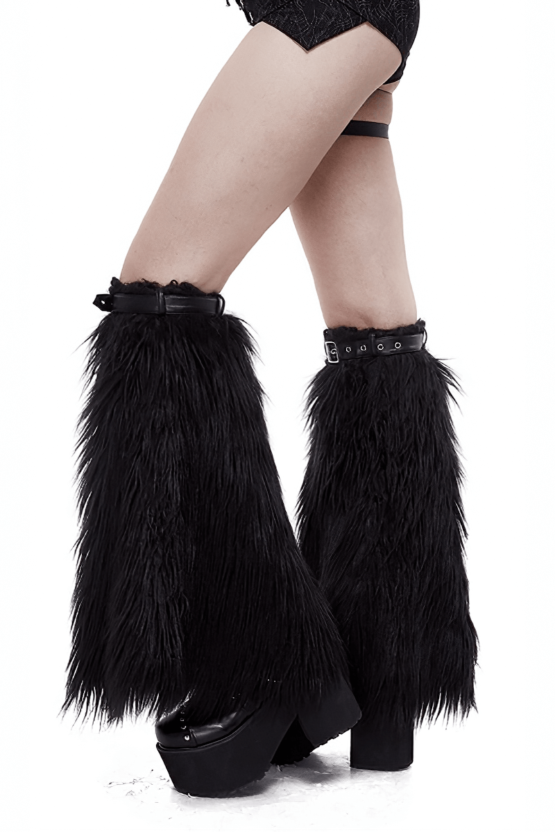 Stylish black faux fur leg warmers with rivets, perfect gothic fashion accessory for women.