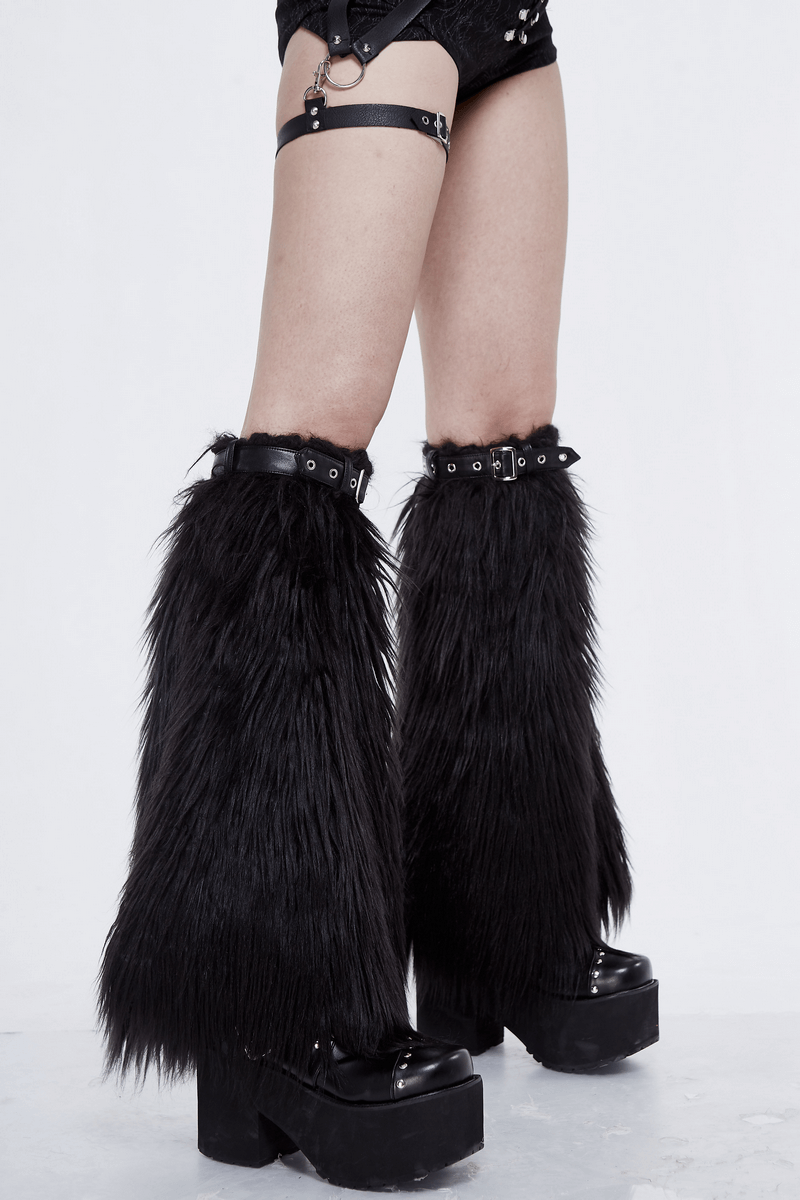 Gothic faux fur adjustable leg warmers with rivet belts, perfect for completing edgy outfits.
