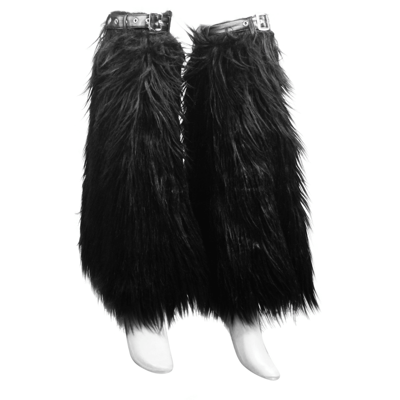 Gothic faux fur leg warmers with belt straps and rivets, enhancing any gothic outfit for women in stylish black.